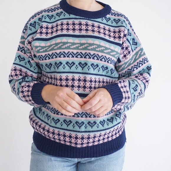 Vintage Perspective Sweater Fair Isle Knit Pink Blue Navy Striped 90s Preppy S - Picture 2 of 13